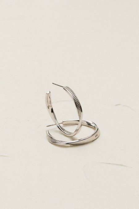 Karen Millen Women Silver Tone Textured Twist Hoop Earrings Silver Jewelry