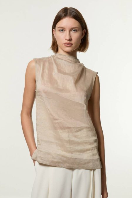 Karen Millen Women Slub Organdie Woven High Neck Top True Black Tailoring