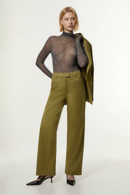 Karen Millen Women Soft Structured Tailored Wide Leg Pants Moss Tailoring