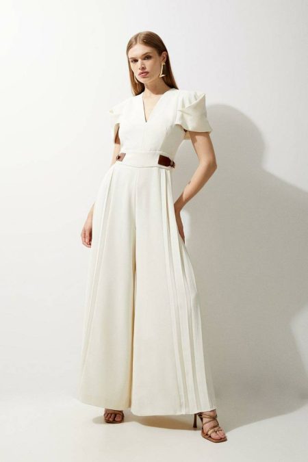 Karen Millen Women Soft Tailored Crepe Tab Detail Pleated Jumpsuit Ivory Tailoring