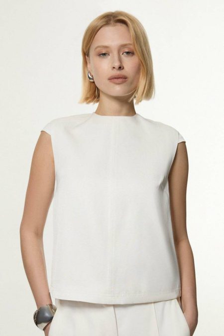 Karen Millen Women Tailored Viscose Linen Topstitch Detail Top Ivory Tops