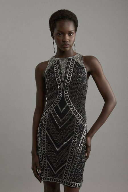 Karen Millen Women Tailoring Black Premium Embellished Sleeveless Cut Out Mini Dress