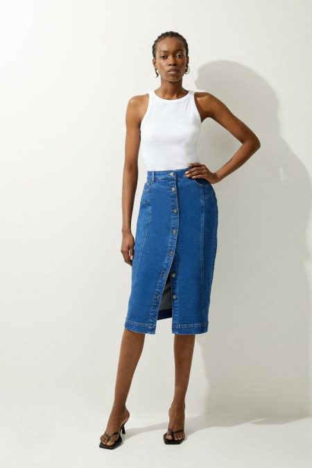Karen Millen Women Tailoring Denim Button Through Midi Skirt Mid Blue