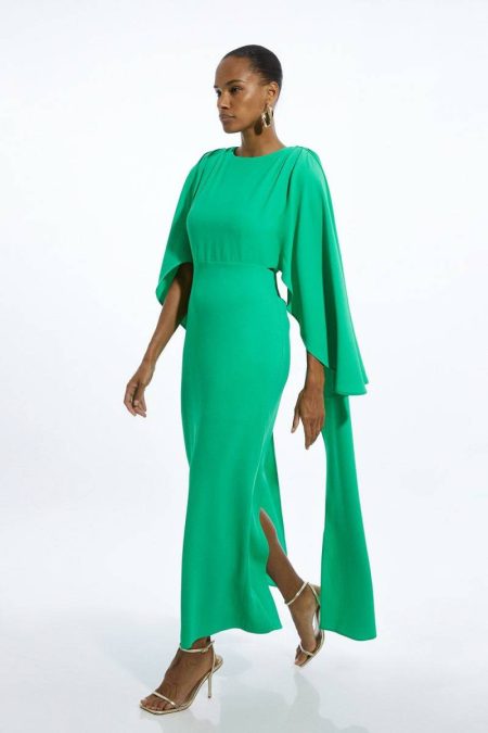 Karen Millen Women Tailoring Green Petite Compact Stretch Viscose Cape Detail Maxi Dress