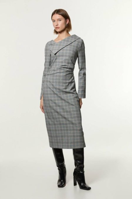 Karen Millen Women Tailoring Grey Check Tailored Asymmetrical Collared Fitted Maxi Dress Grey