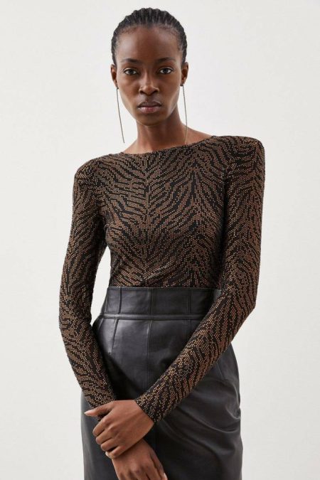 Karen Millen Women Tailoring Jersey Zebra Embellished Bodysuit
