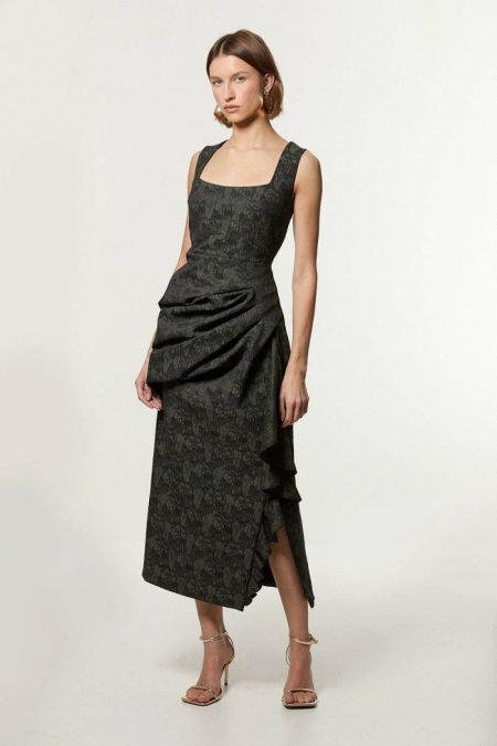 Karen Millen Women Tailoring Petite Jacquard Ruffle Strappy Tailored Maxi Dress Green