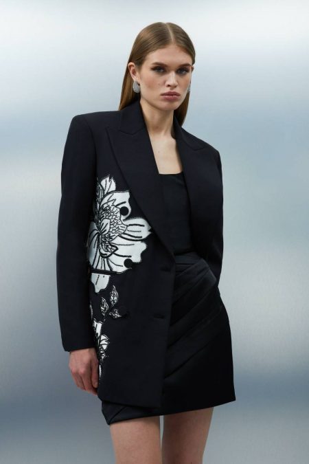 Karen Millen Women Tailoring Tailored Applique Satin Beaded Tuxedo Blazer Ivory