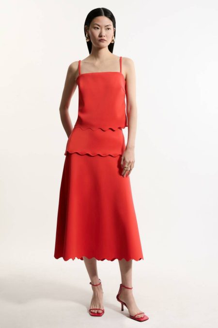 Karen Millen Women Tailoring Tall Scuba Scallop Hem Woven Midi Skirt Red