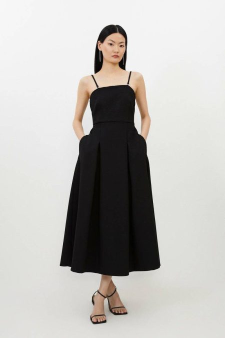 Karen Millen Women Tailoring Tomato Red Compact Stretch Tailored Bandeau Full Skirted Midi Dress