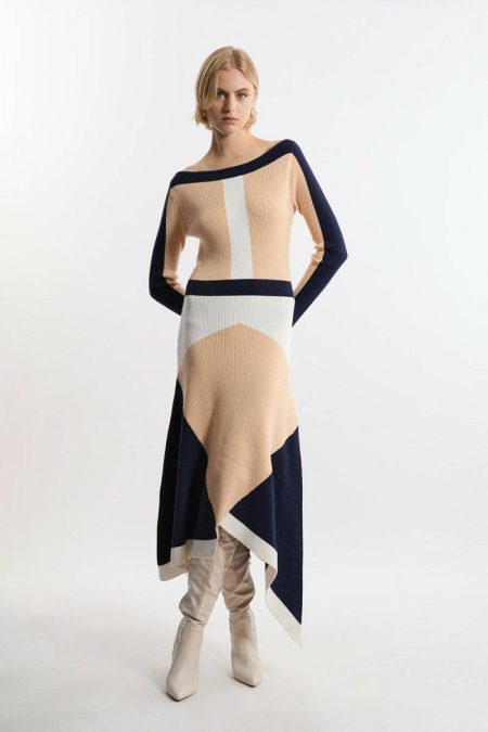 Karen Millen Women Viscose Blend Knit Asymmetric Color Block Dress Tailoring Soft Lime