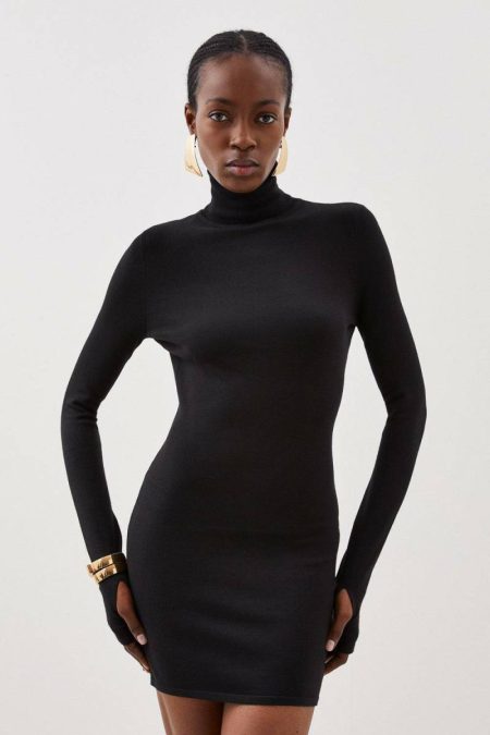 Karen Millen Women Viscose Blend Turtleneck Thumbhole Cuff Knit Mini Dress Mini Dresses Purple