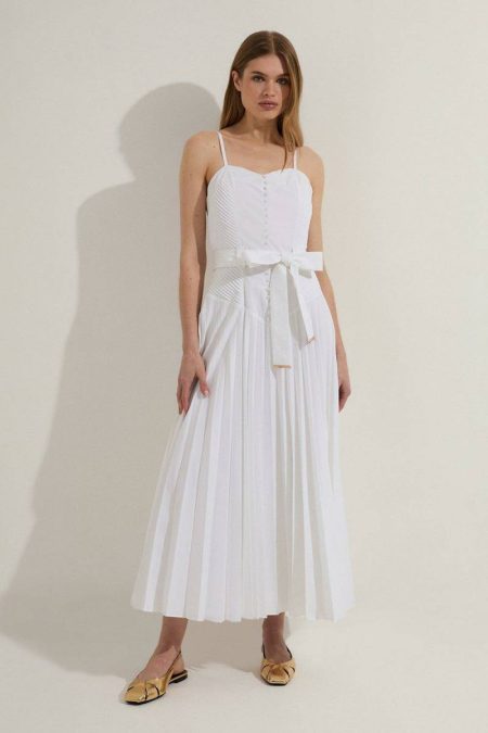 Karen Millen Women White Petite Cotton Top Stitch Dropped Waist Woven Strappy Midi Dress Midi Dresses