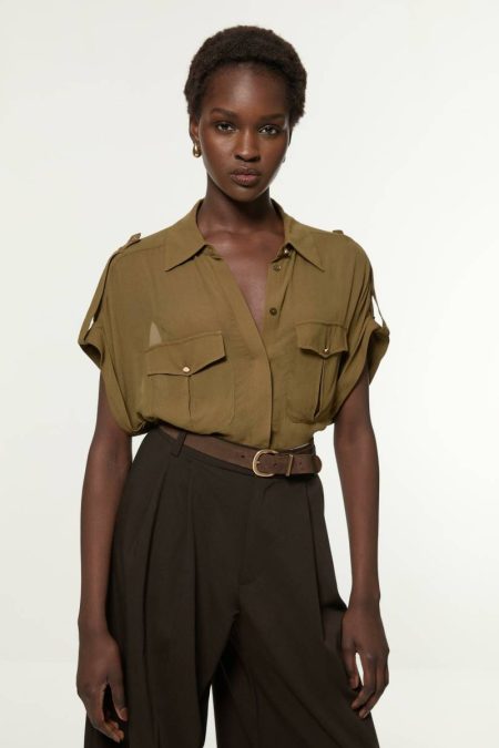 Karen Millen Woven Short Viscose Sleeved Shirt Women Khaki Tailoring