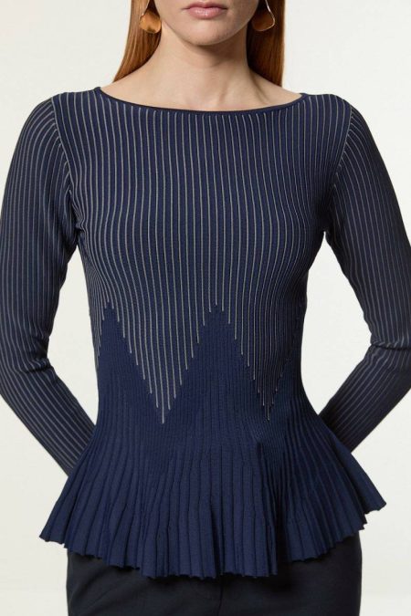 Karen Millen Zig Zag Stitch Detail Peplum Knitted Top Women Knitwear Navy