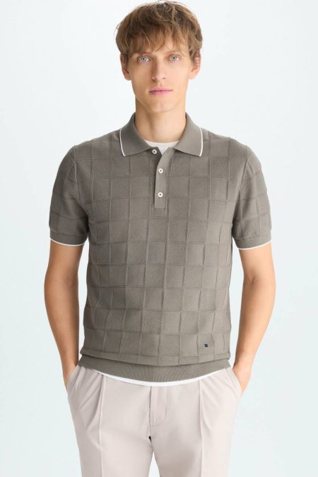 Khaki Cubes Textured Knit Polo Shirt Polo Shirts Purificacion Garci Men