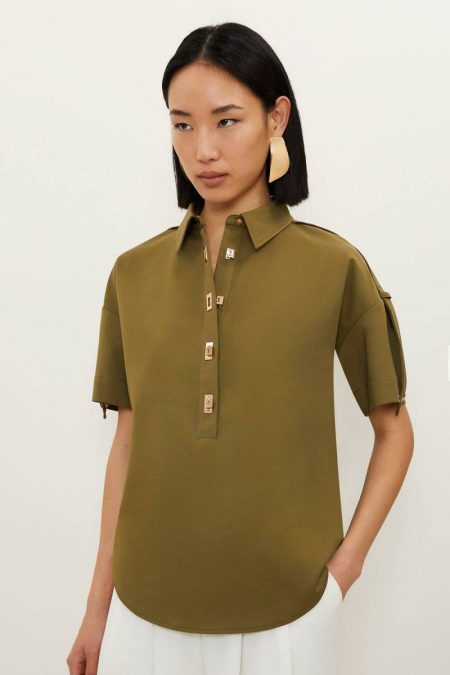 Khaki Karen Millen Women Techno Cotton Woven Short Sleeve Hardwear Detail Shirt Tops