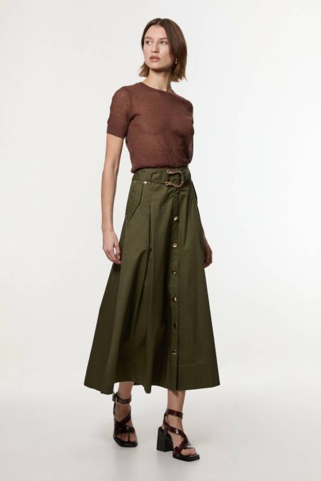 Khaki Skirts Karen Millen Women Cotton Sateen Belt Detail Midi Skirt