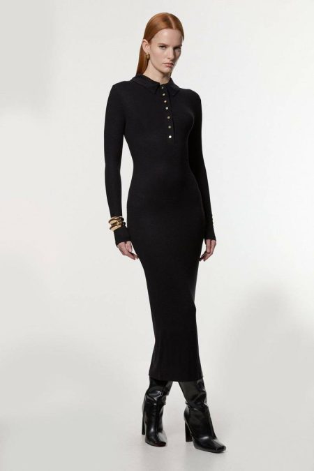 Khaki Viscose Rib Jersey Long Sleeve Collared Midi Dress Karen Millen Midi Dresses Women