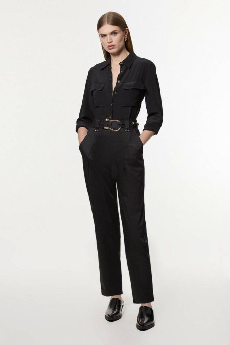 Khaki Women Cotton Sateen Belt Detail Woven Pants Tailoring Karen Millen