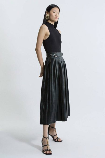 Knitted Midi Dress With Pu Detailing Cream Tailoring Women Karen Millen