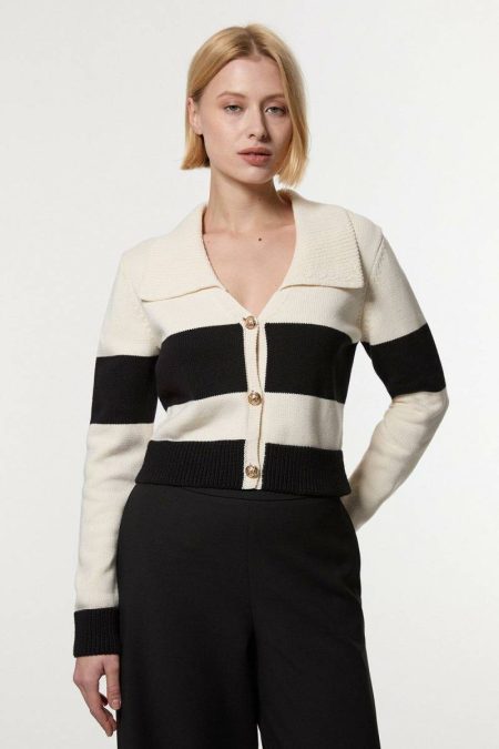 Knitwear Cotton Collared Knitted Cardigan Mono Women Karen Millen