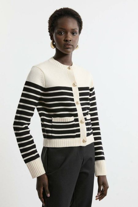 Knitwear Cotton Cropped Knit Boxy Striped Cardigan Women Karen Millen Mono