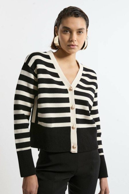Knitwear Cotton V Neck Knit Boxy Striped Cardigan Karen Millen Women Mono