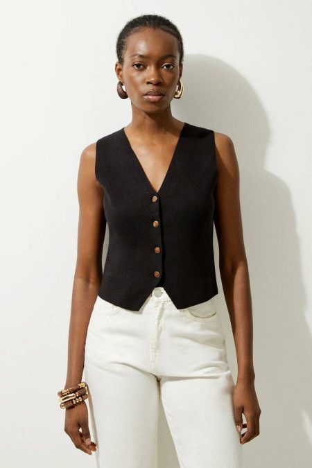 Knitwear Karen Millen Black Women Compact Knit Wool Look V-Neck Tank Top Top