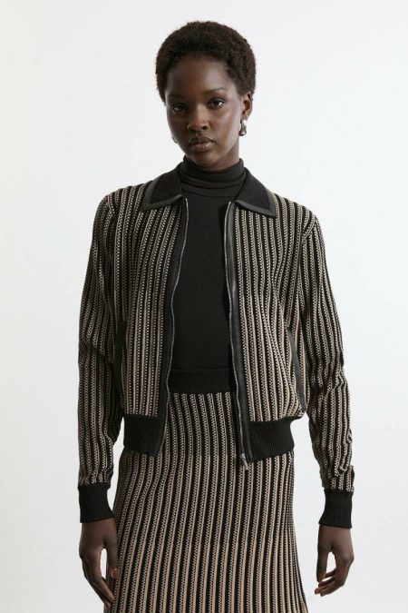 Knitwear Karen Millen Camel Women Shrunken Jacquard Knit Jacket Pu With Collar