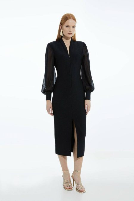 Knitwear Karen Millen Women Bandage Figure Form Zip Detail Chiffon Sleeve Knit Dress Cream