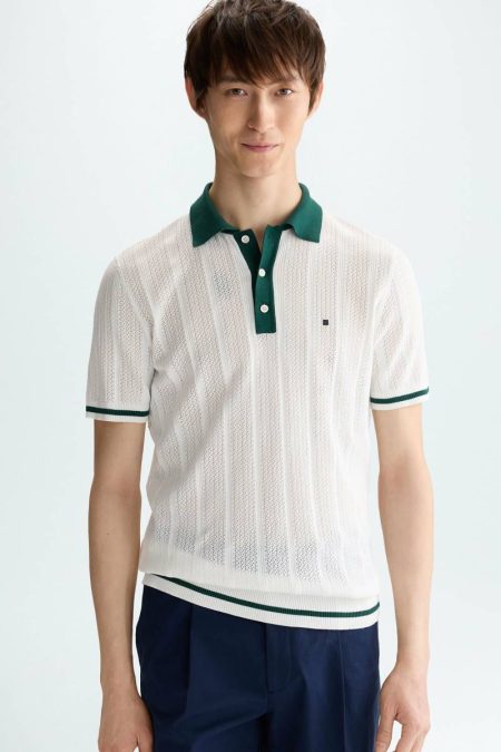 Knitwear Purificacion Garci Men Pointelle Knit Polo Shirt Ecru/Green