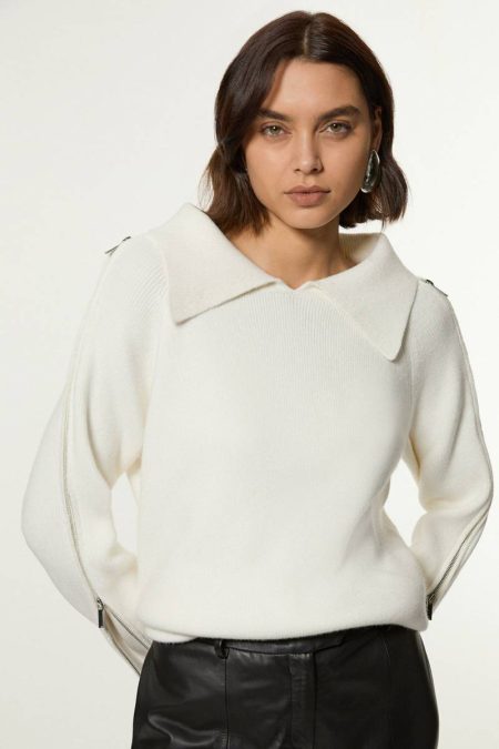 Knitwear Women Karen Millen Cream Compact Wool Look Zip Detail Fly Collar Sweater
