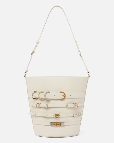 Large Leather Bucket Bag With Straps Shoulder Bags White Silk-Mix Gal. Gold-Nikel Pinko