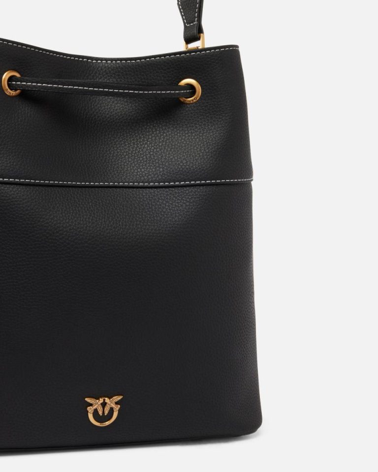Leather Bucket Bag With Shoulder Strap Shoulder Bags Pinko Black-Antique Gold - Image 3