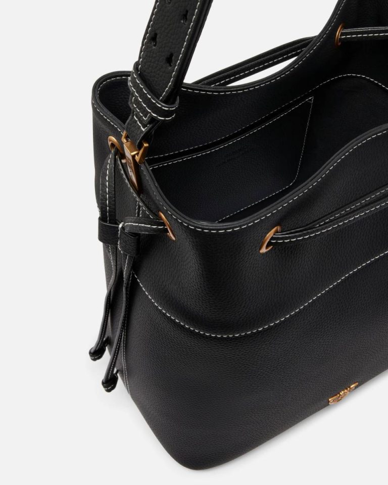 Leather Bucket Bag With Shoulder Strap Shoulder Bags Pinko Black-Antique Gold - Image 4