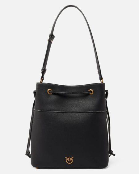 Leather Bucket Bag With Shoulder Strap Shoulder Bags Pinko Black-Antique Gold