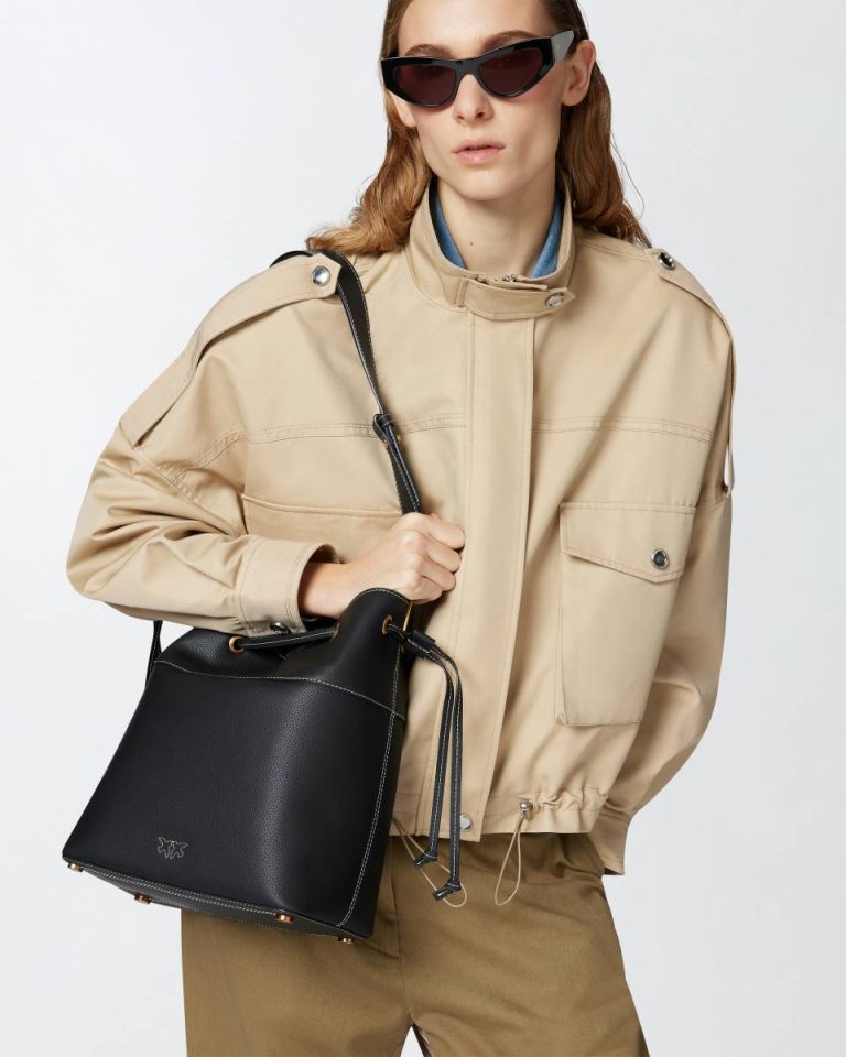 Leather Bucket Bag With Shoulder Strap Shoulder Bags Pinko Black-Antique Gold - Image 5