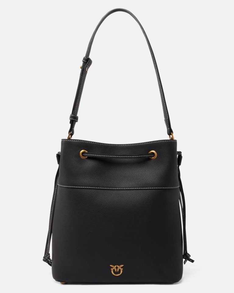 Leather Bucket Bag With Shoulder Strap Shoulder Bags Pinko Black-Antique Gold