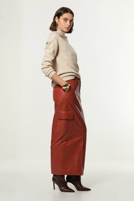 Leather Cargo Pocket Maxi Tailored Skirt Karen Millen Tailoring Tan Women