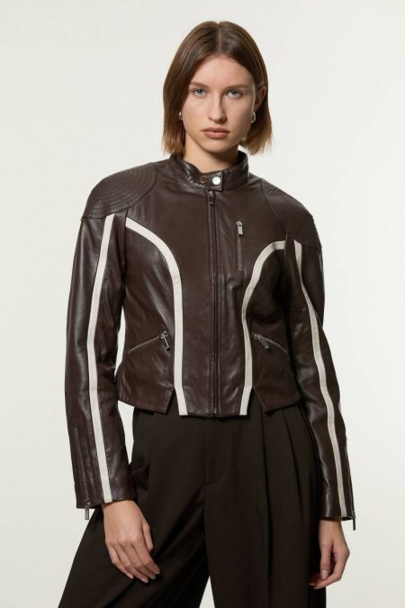 Leather Color Block High Collar Motto Moto Jacket Women Tailoring Chocolate Karen Millen