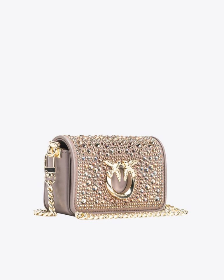 Leather Goods Beige - Iron-Light Gold Rhinestone-Detailed Micro Love Bag Clutch With Detachable Shoulder Strap Pinko - Image 3