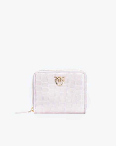 Leather Goods Lilac-Light Gold Pinko Galleria Square Zip-Around Wallet In Shiny Croc-Print Leather