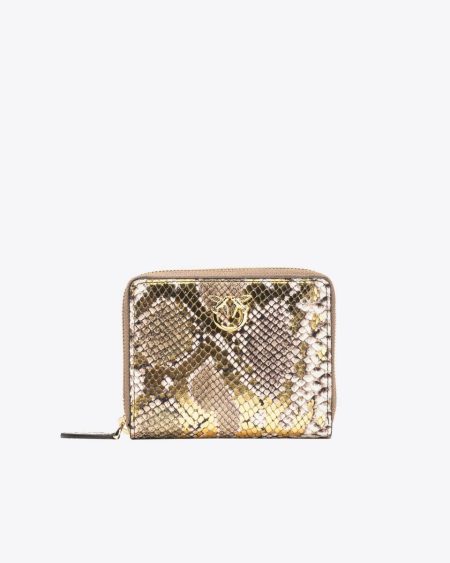 Leather Goods Pinko Galleria Square Wallet In Laminated Python-Print Leather Gold/Grey-Gold