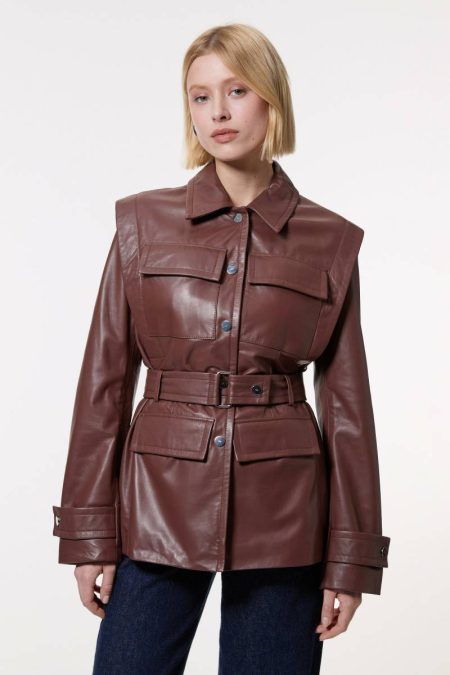 Leather Leather Belted Shoulder Detail Tailored Jacket Women Karen Millen Mink