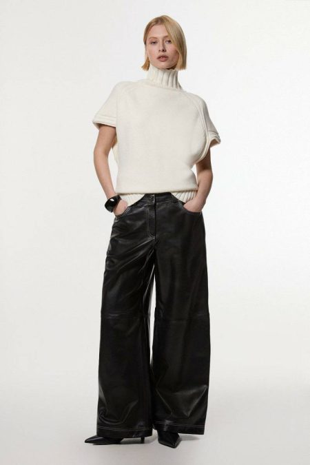 Leather Women Leather Contrast Stitch 5 Pocket Straight Leg Jeans Karen Millen Black