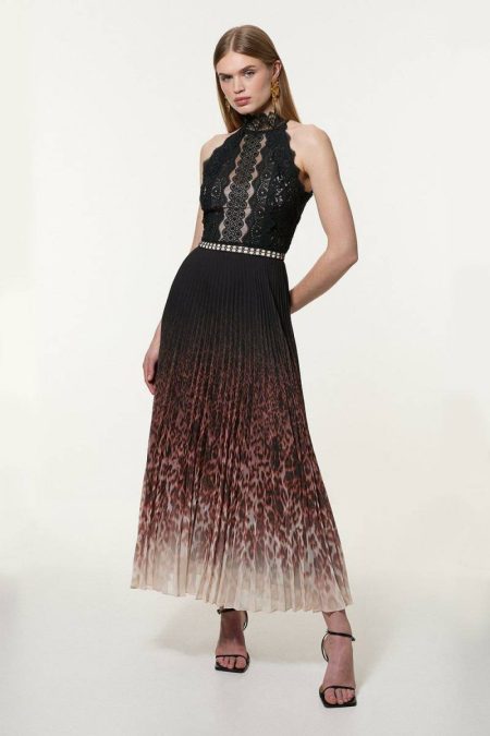 Leopard Women Maxi Dresses Karen Millen Petite Guipure Lace Leopard Ombre Woven Maxi Dress