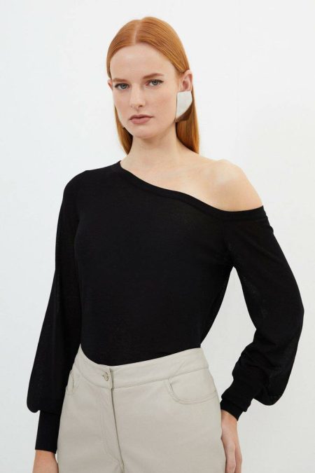 Lightweight Viscose Blend Summer Knit Off Shoulder Top Knitwear Karen Millen Women Black
