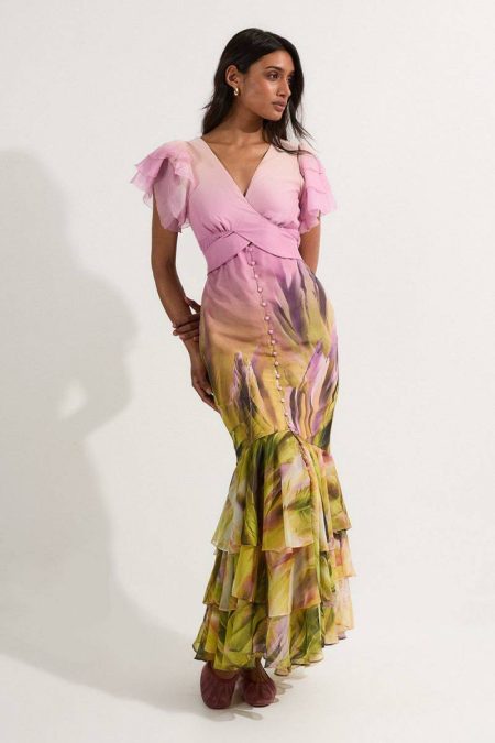 Lilac Karen Millen Women Ombre Floral Ruffle Sleeve Button Through Maxi Dress Maxi Dresses