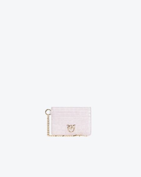 Lilac-Light Gold Pinko Galleria Shiny Croc-Print Card Holder With Chain Leather Goods
